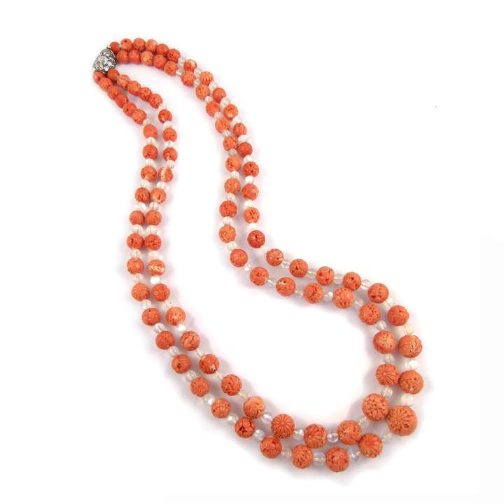 Antique two row carved corallium rubrum and moonstone round bead necklace